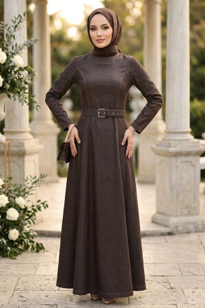 Buckle Belted Brown Modest Denim Dress 6283KH - 