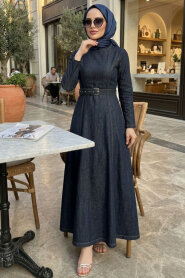 Buckle Belted Navy Blue Modest Denim Dress 6283L - 1