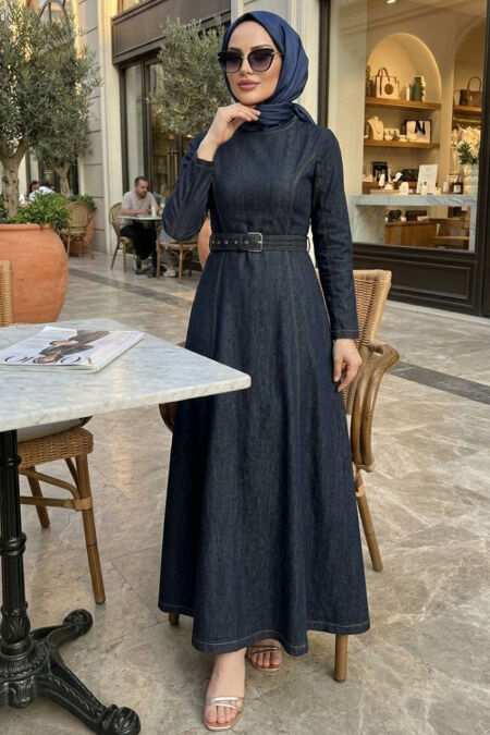 Buckle Belted Navy Blue Modest Denim Dress 6283L - 