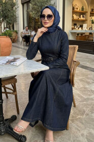 Buckle Belted Navy Blue Modest Denim Dress 6283L - 2