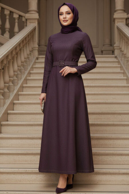 Buckle Belted Plum Modest Denim Dress 6283MU - 