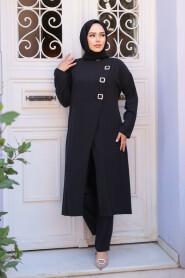 Buckle Detailed Black Modest Two-Piece Set 7675S - 2