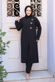 Buckle Detailed Black Modest Two-Piece Set 7675S - 1