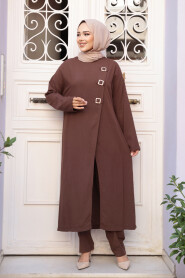 Buckle Detailed Brown Modest Two-Piece Set 7675KH - 2