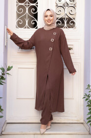 Buckle Detailed Brown Modest Two-Piece Set 7675KH - 3