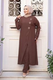 Buckle Detailed Brown Modest Two-Piece Set 7675KH - 1