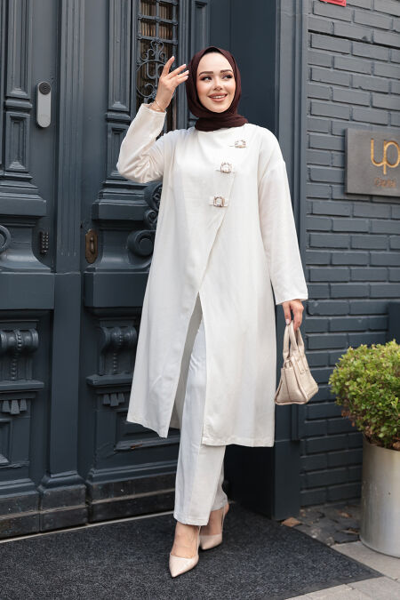 Buckle Detailed Ecru Modest Two-Piece Set 7675E - NEVA STYLE