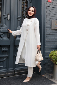 Buckle Detailed Ecru Modest Two-Piece Set 7675E - 2