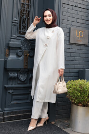 Buckle Detailed Ecru Modest Two-Piece Set 7675E - 3