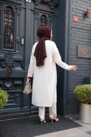 Buckle Detailed Ecru Modest Two-Piece Set 7675E - 4