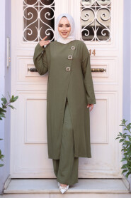 Buckle Detailed Khaki Modest Two-Piece Set 7675HK - 1