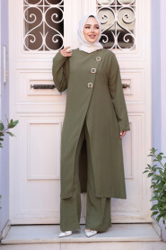 Buckle Detailed Khaki Modest Two-Piece Set 7675HK - 2