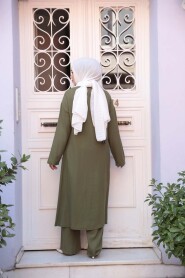 Buckle Detailed Khaki Modest Two-Piece Set 7675HK - 3