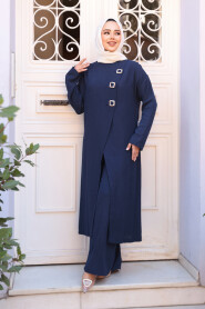 Buckle Detailed Navy Modest Two-Piece Set 7675L - 3