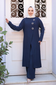 Buckle Detailed Navy Modest Two-Piece Set 7675L - 2