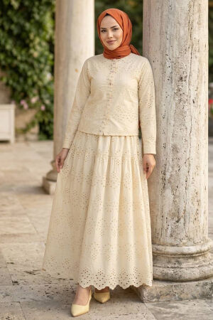 Button Detail Eyelet Beige Modest Two-Piece Set 50021BEJ - 