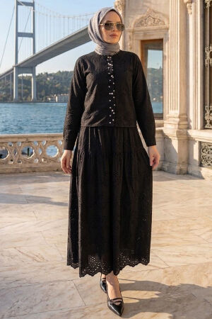 Button Detail Eyelet Black Modest Two-Piece Set 50021S - 
