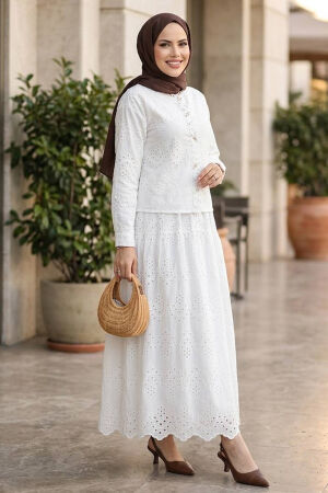 Button Detail Eyelet White Modest Two-Piece Set 50021B - 