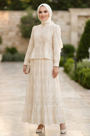 Button Detail Peplum Eyelet Beige Modest Two-Piece Set 50063BEJ - 