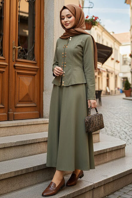 Button Detailed Almond Green Modest Denim Two-Piece Set 11892CY - 