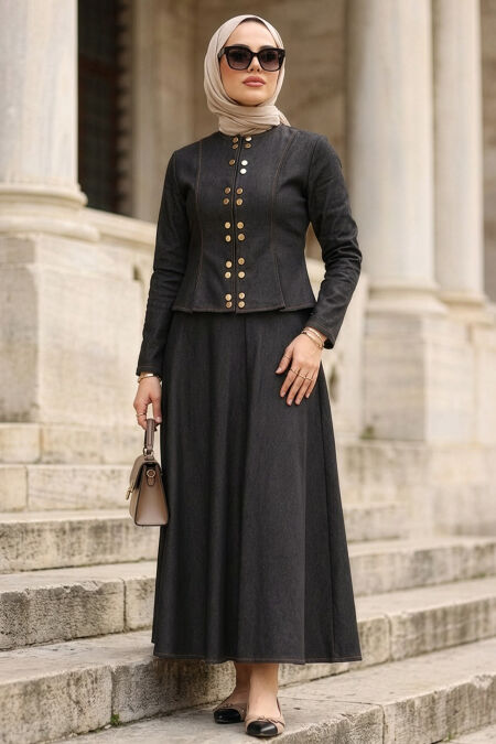 Button Detailed Black Modest Denim Two-Piece Set 11891S - 