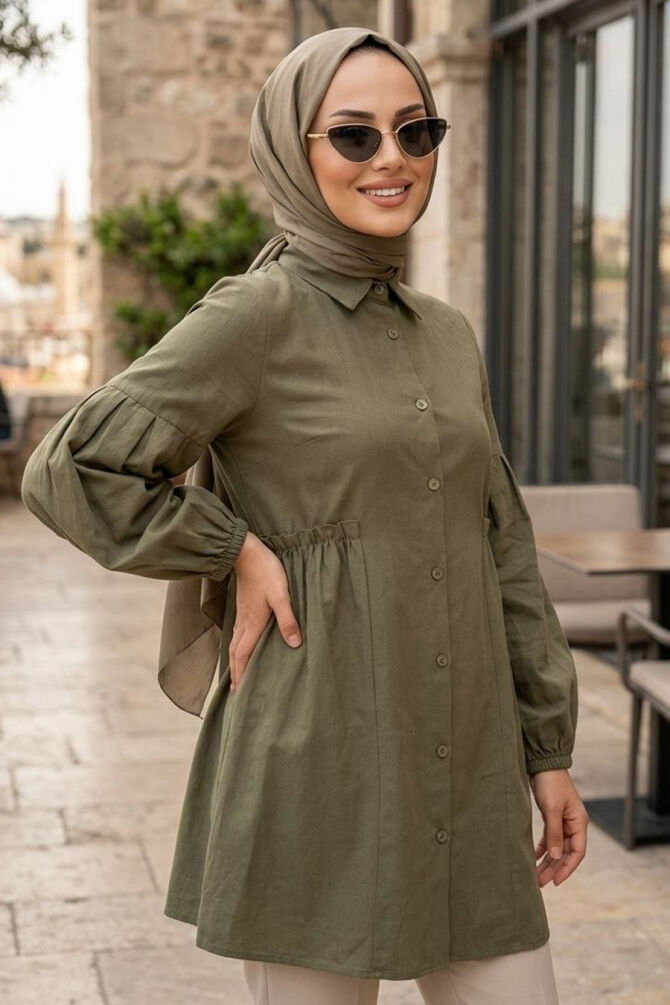 Buttoned Almond Green Modest Tunic 20377CY - 