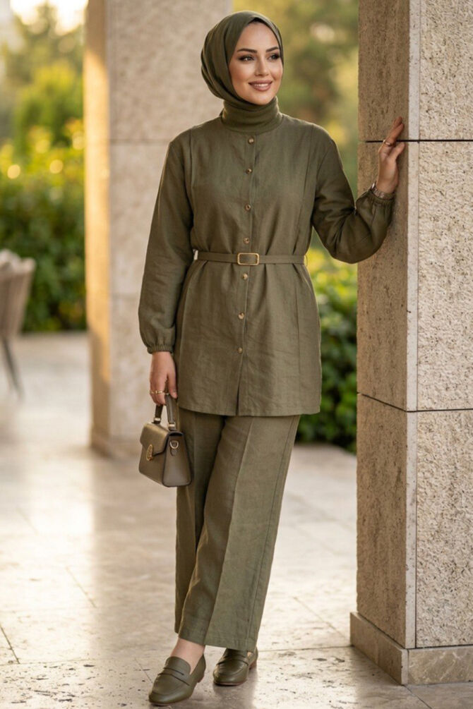 Buttoned Almond Green Modest Two-Piece Set 83012CY - 