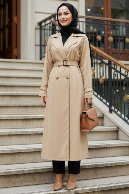 Buttoned Beige Modest Trench Coat 62223BEJ - 