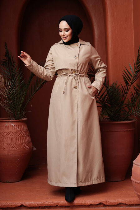 Buttoned Beige Modest Trench Coat 62231BEJ - NEVA STYLE