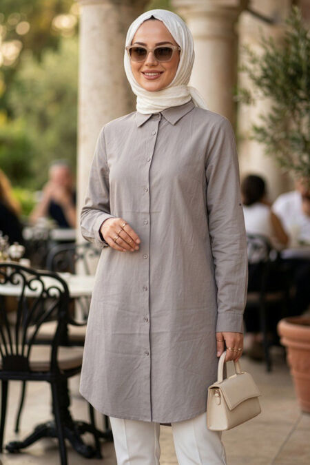 Buttoned Beige Modest Tunic 11751BEJ - 