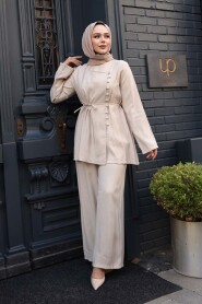 Buttoned Beige Modest Two-Piece Set 30431BEJ - 3