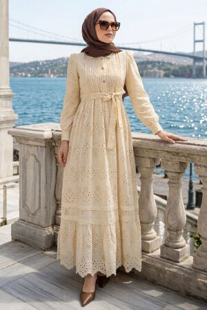 Buttoned Belted Tiered Eyelet Beige Modest Dress 5004BEJ - 