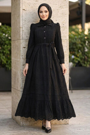 Buttoned Belted Tiered Eyelet Black Modest Dress 5004S - 