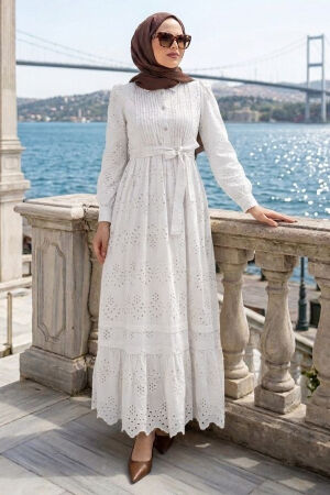 Buttoned Belted Tiered Eyelet White Modest Dress 5004B - 