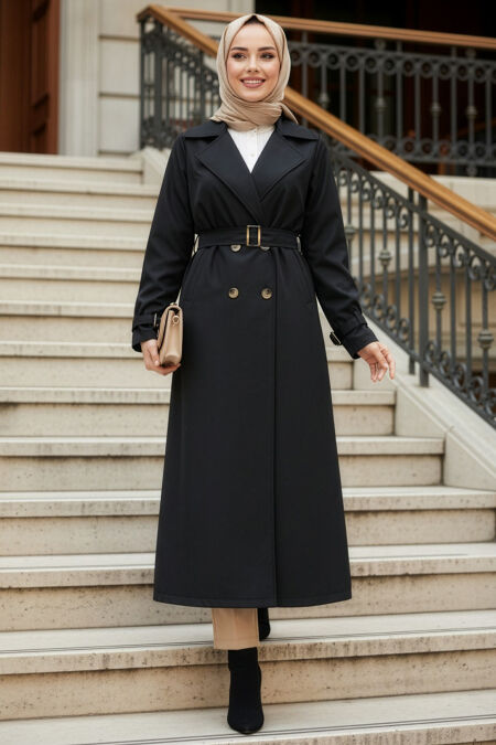 Buttoned Black Modest Trench Coat 62223S - 