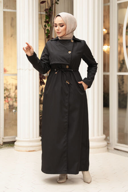 Buttoned Black Modest Trench Coat 62231S - NEVA STYLE