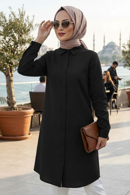 Buttoned Black Modest Tunic 11751S - 