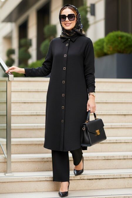 Buttoned Black Modest Two-Piece Set 12791S - 
