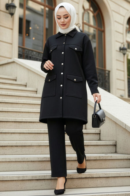 Buttoned Black Modest Two-Piece Set 13323S - NEVA STYLE