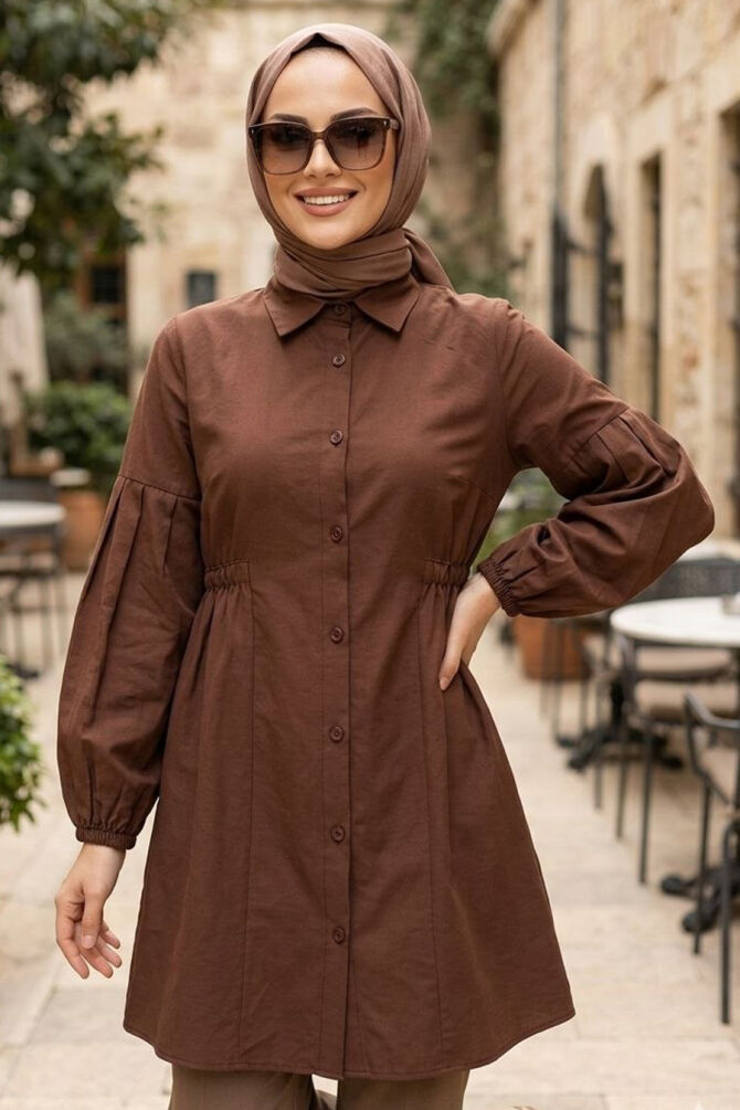 Buttoned Brown Modest Tunic 20377KH - 