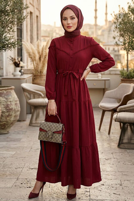 Buttoned Burgundy Modest Dress 10213BR - 