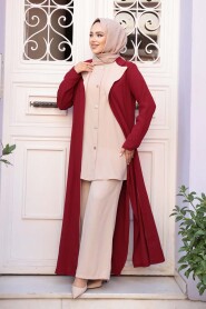 Buttoned Burgundy Modest Three-Piece Set 76221BR - 3
