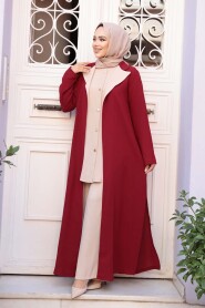 Buttoned Burgundy Modest Three-Piece Set 76221BR - 1
