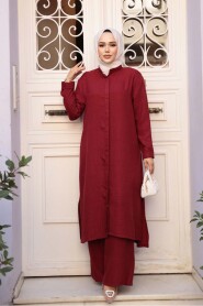 Buttoned Burgundy Modest Three-Piece Set 76591BR - 1