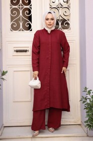 Buttoned Burgundy Modest Three-Piece Set 76591BR - 2