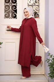 Buttoned Burgundy Modest Three-Piece Set 76591BR - 3