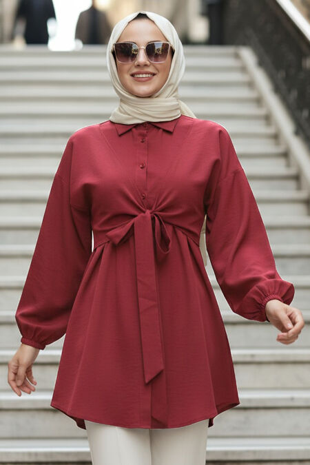 Buttoned Claret Red Modest Tunic 20316BR - 