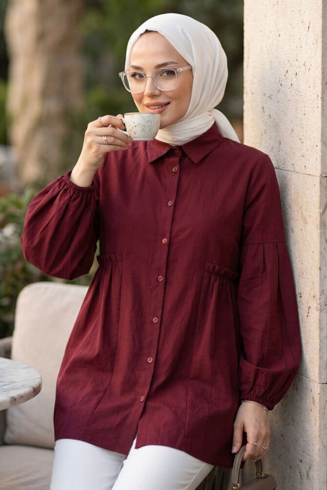 Buttoned Claret Red Modest Tunic 20377BR - 