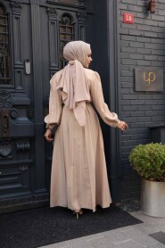 Buttoned Dark Beige Modest Dress 19044KBEJ - 4