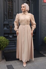 Buttoned Dark Beige Modest Dress 19044KBEJ - 2